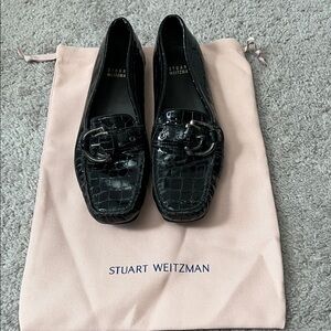 Stuart Weitzman 90s Black Crocodile Embossed Patent Leather Buckle Loafer